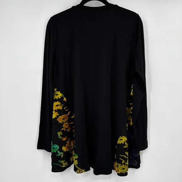 LOGO Lori Goldstein Black Cardigan Floral Devore Velvet Side Burnout Size Medium - Picture 4 of 8